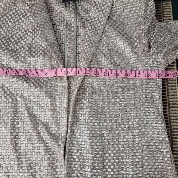 AKRIS Polyester Silk Blend Open Blazer Jacket‎ Sz 8 Silver Metallic Grid Square - Picture 10 of 11